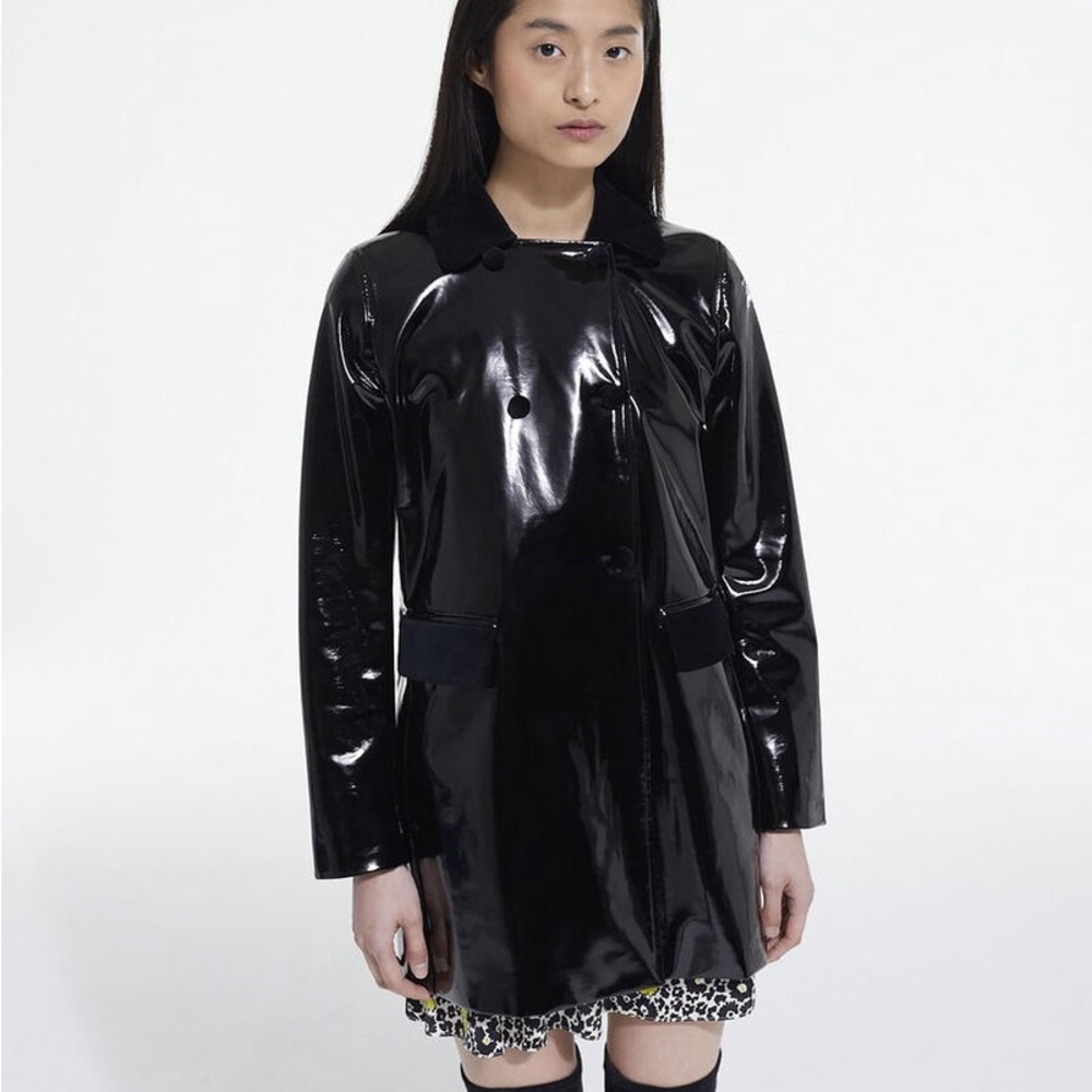 The Kooples Long Black Patent Coat with Velvet Accents - NWT!